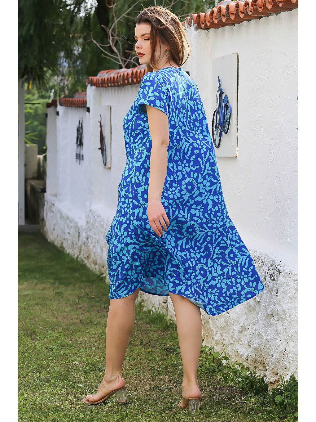 Turkuaz V Yaka Düşük Kol Allover Baskılı Casual Viskon Dokuma Elbise 115 66-6