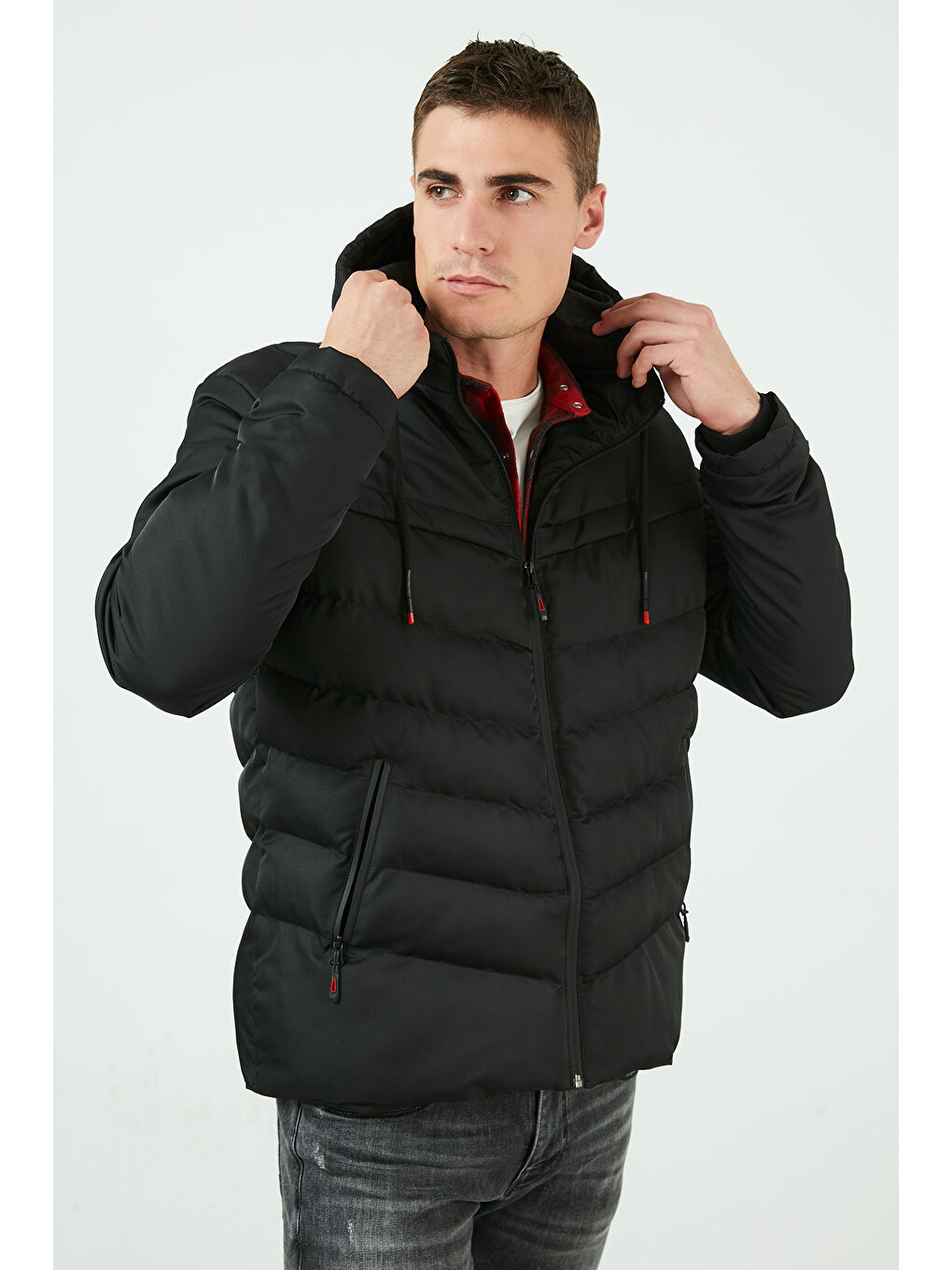 Siyah Slim Fit Kapüşonlu Cepli   100 Pamuk Erkek Şişme Mont 5712070-3