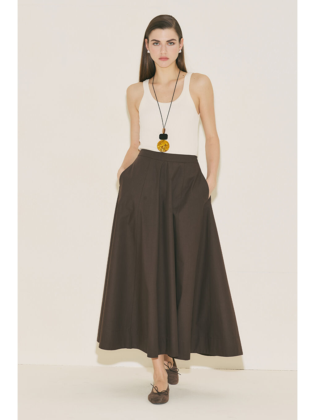 Kup Detaylı Kloş Etek Kahverengi-7