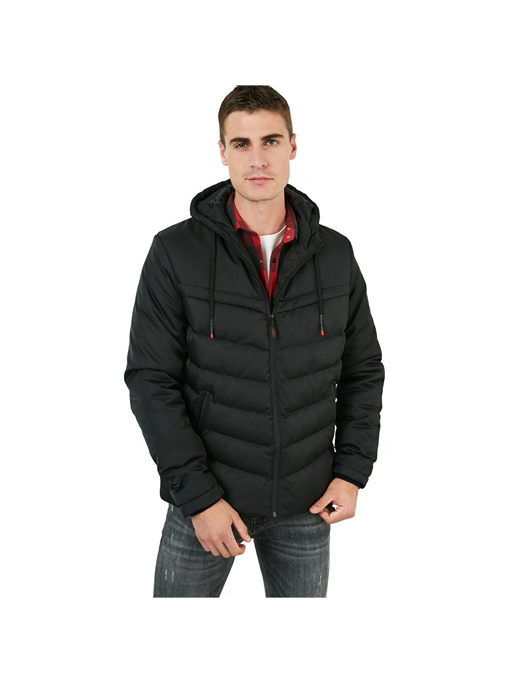 Siyah Slim Fit Kapüşonlu Cepli   100 Pamuk Erkek Şişme Mont 5712070-7