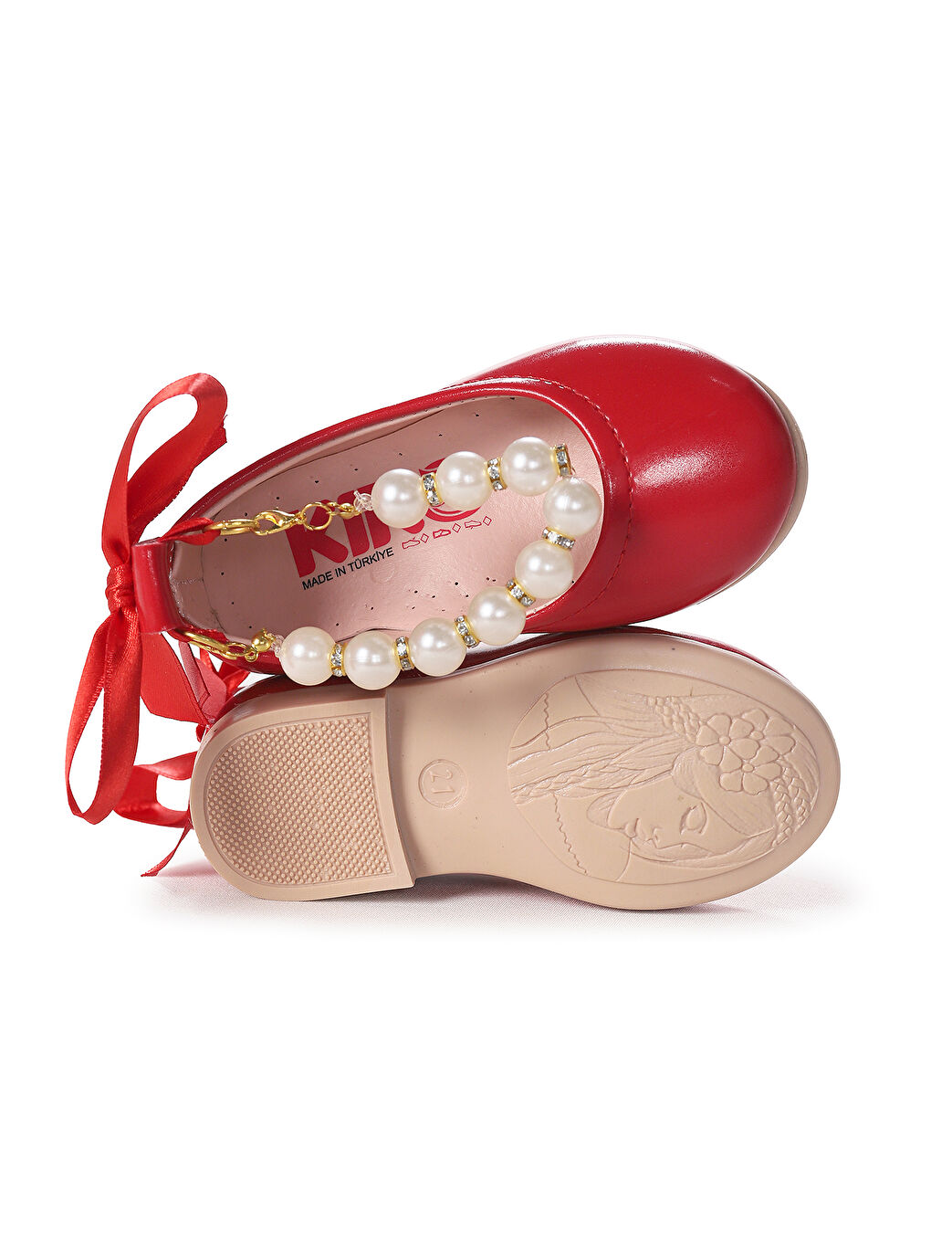 Kırmızı Blanch Rugan İncili Lastikli Kız Bebek Babet Ayakkabı-4