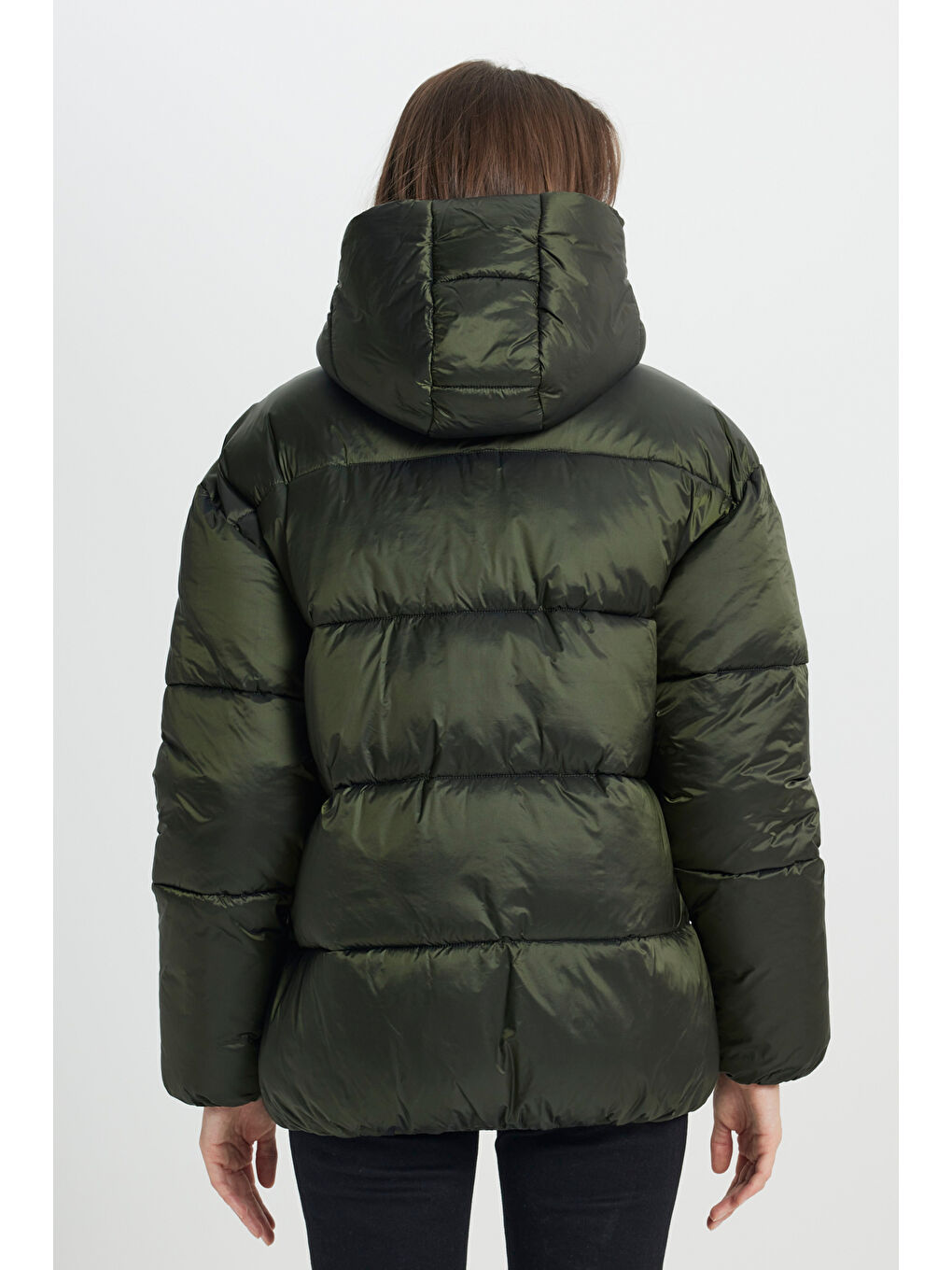 Loose Fit Rahat Kesim Kapüşonlu Haki Şişme Mont-5