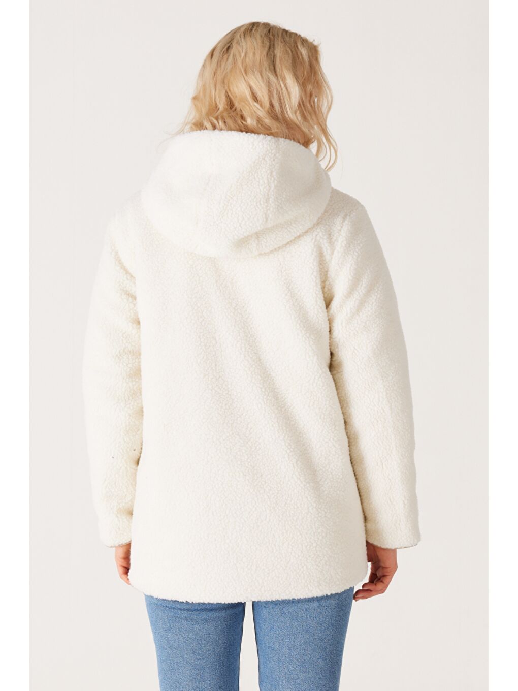 Loose Fit Rahat Kesim Kapüşonlu Çift Taraflı Sherpa Bej Mont-7