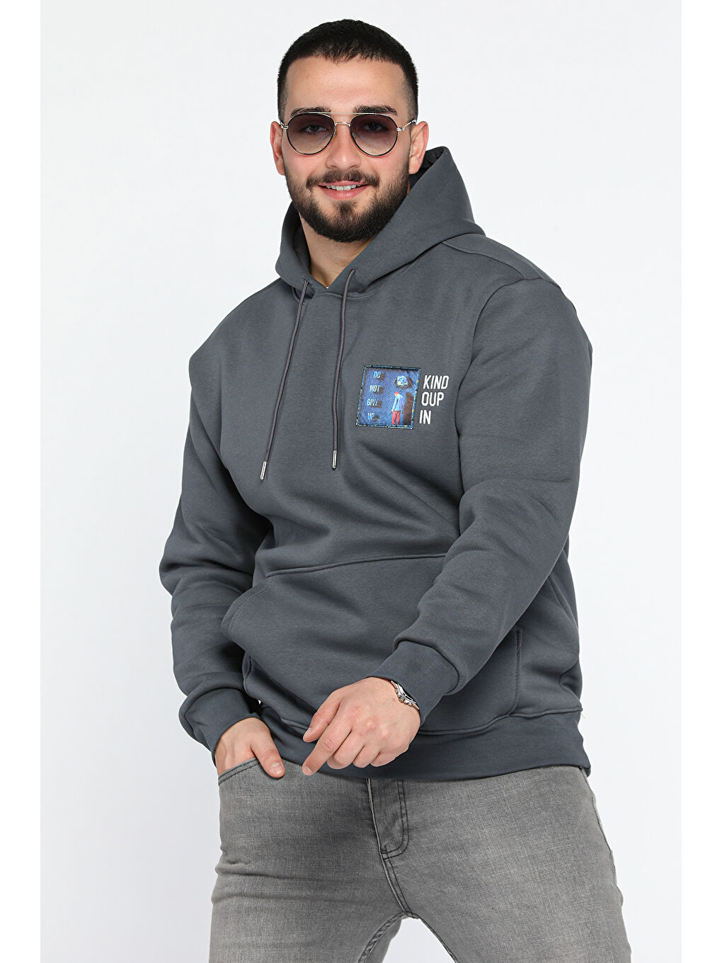 Mishar İtalia Gri Baskılı Üç İplik Şardonlu Erkek Kapüşonlu Sweatshirt