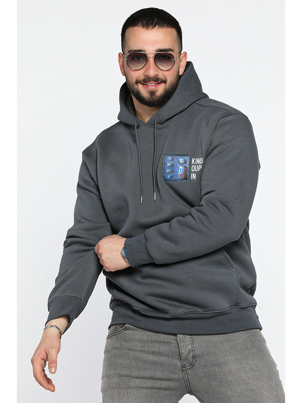 Mishar İtalia Gri Baskılı Üç İplik Şardonlu Erkek Kapüşonlu Sweatshirt - 1