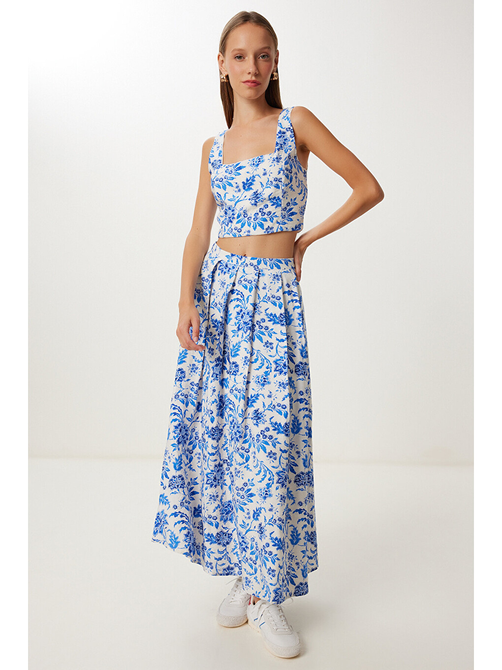 Mavi Desenli Crop Bluz Etek Dokuma Takım MAVİ EKRU LUB0130-1