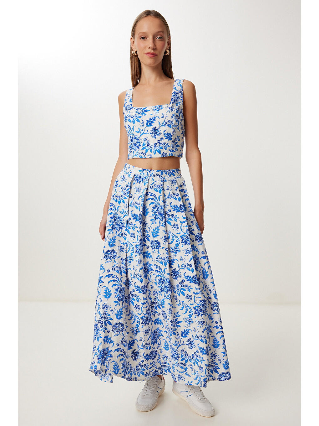 Mavi Desenli Crop Bluz Etek Dokuma Takım MAVİ EKRU LUB0130-2