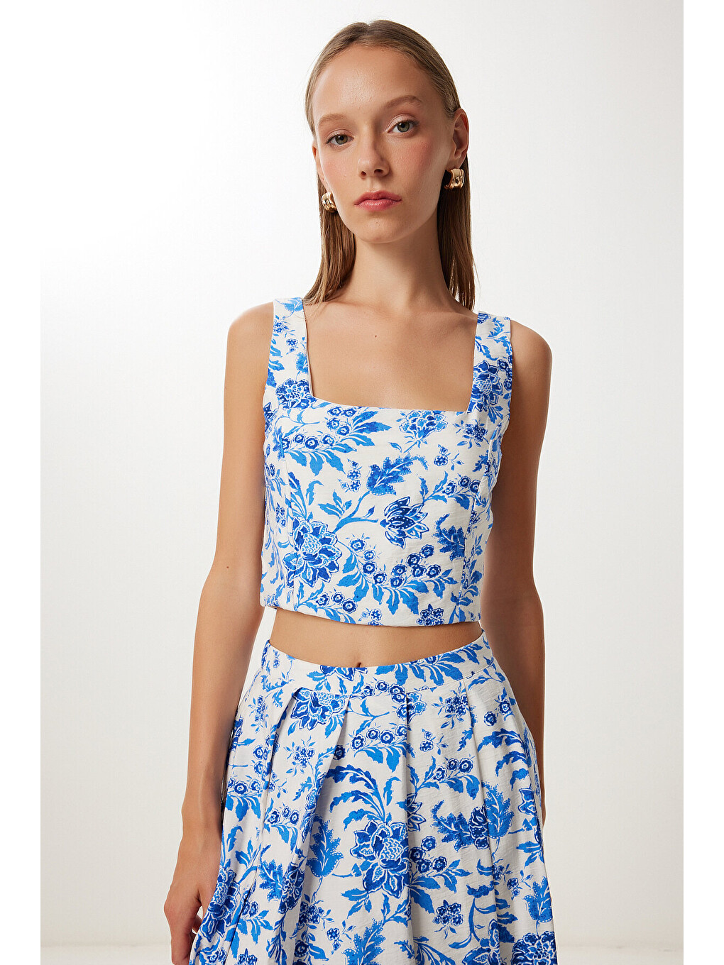 Mavi Desenli Crop Bluz Etek Dokuma Takım MAVİ EKRU LUB0130-3