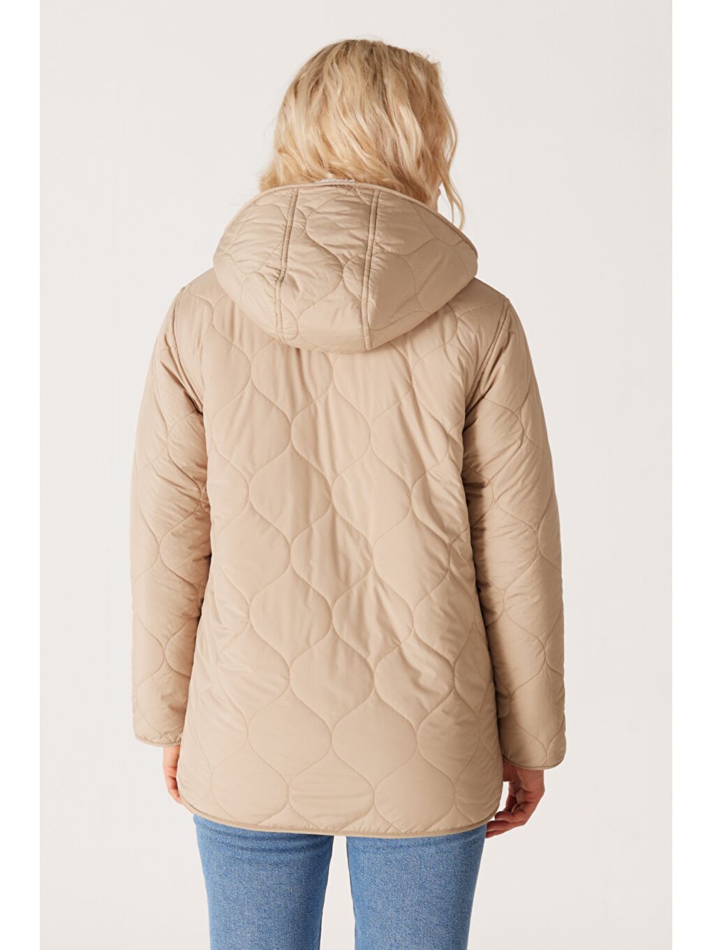 Loose Fit Rahat Kesim Kapüşonlu Çift Taraflı Sherpa Bej Mont-8