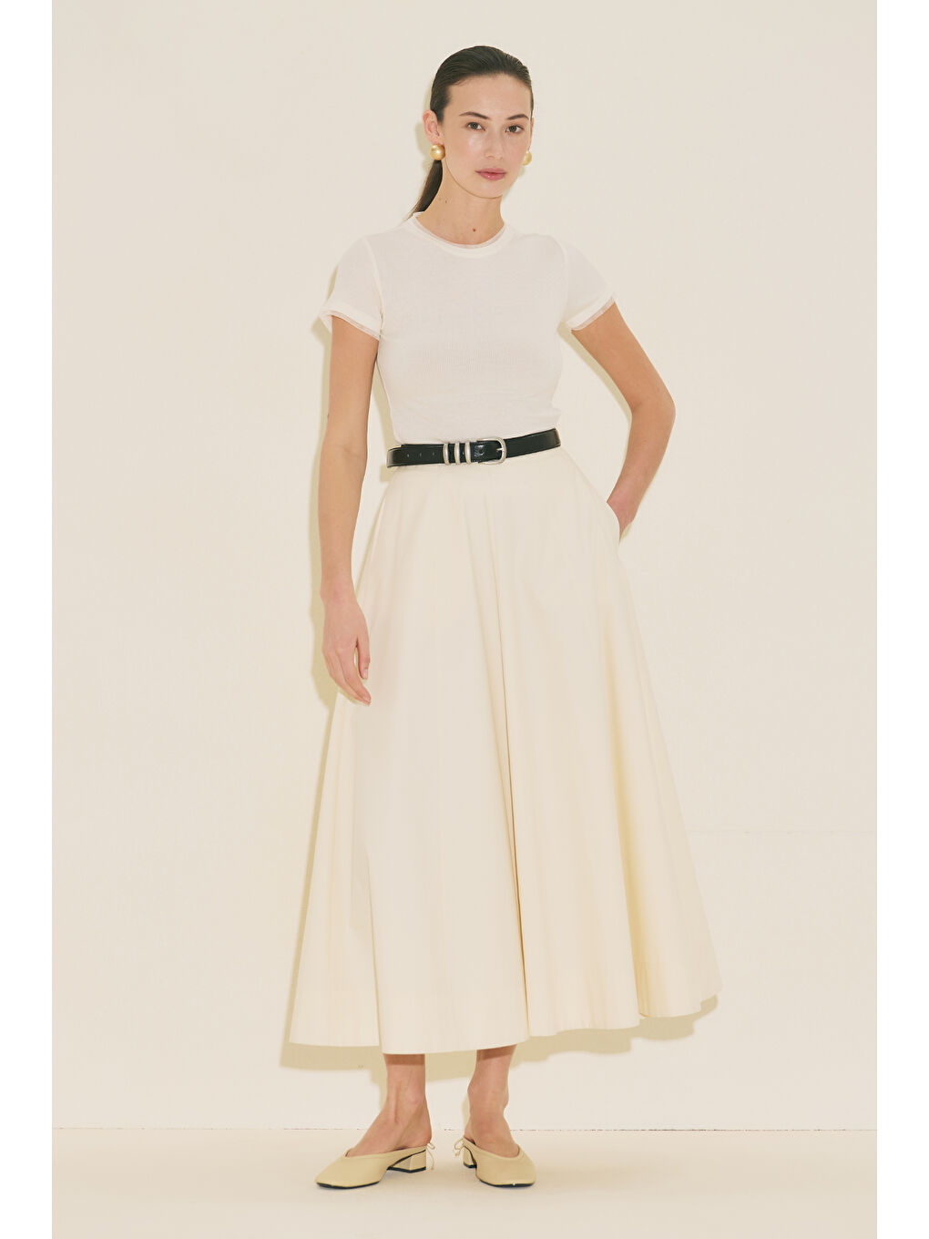 Bej Kup Detaylı Kloş Etek Vanilya-2