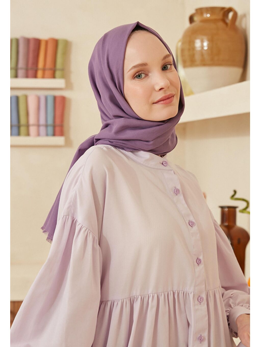 Lila İnce Pamuk Vual Şal Lavanta