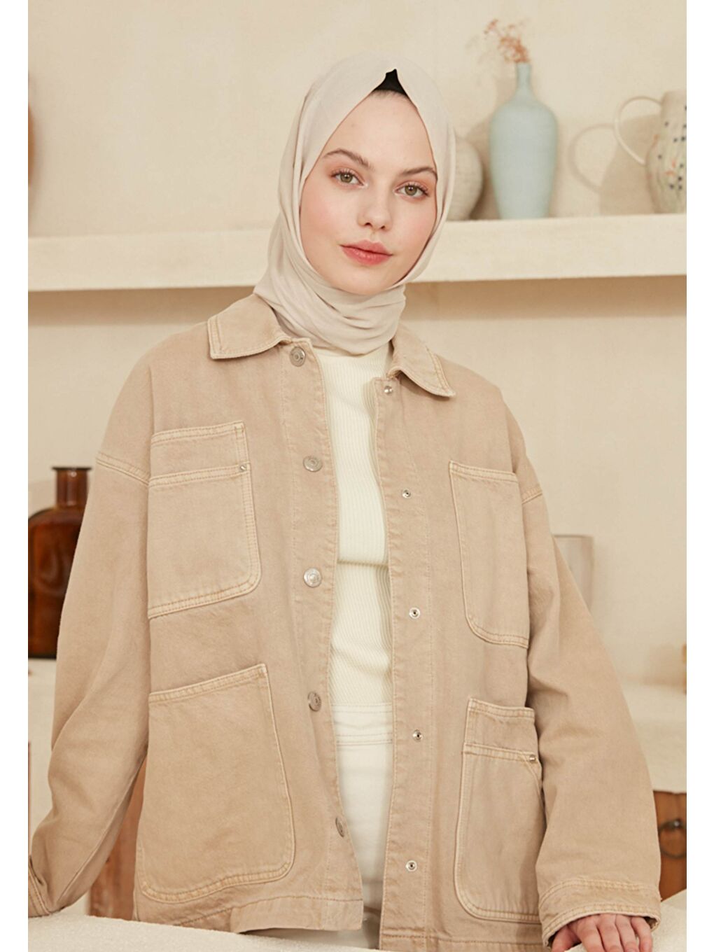 Bej İnce Pamuk Vual Şal Tas Rengı