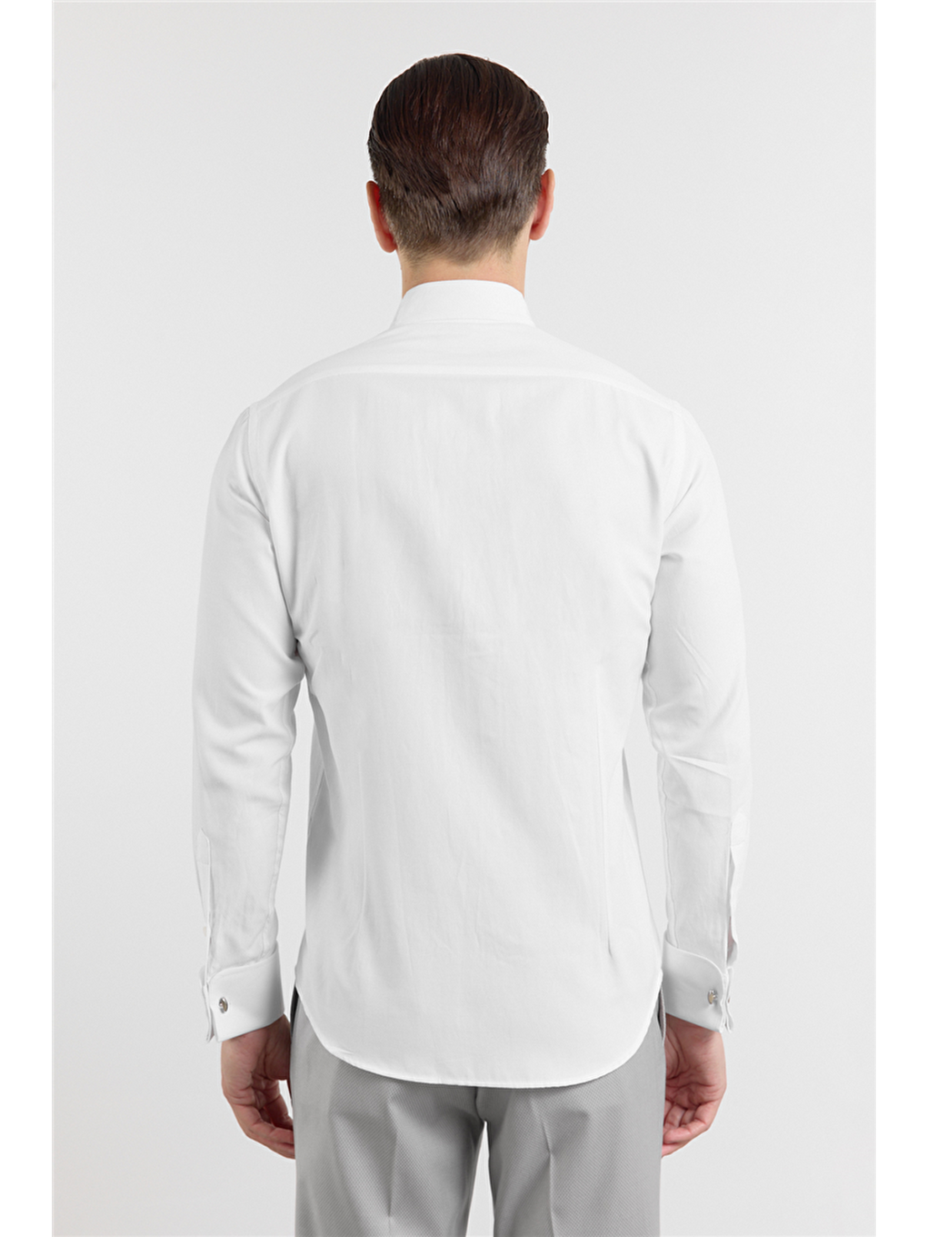Beyaz Ata Yaka Uzun Kol Cepsiz Slim Fit Pamuklu Gömlek 1004260415-4