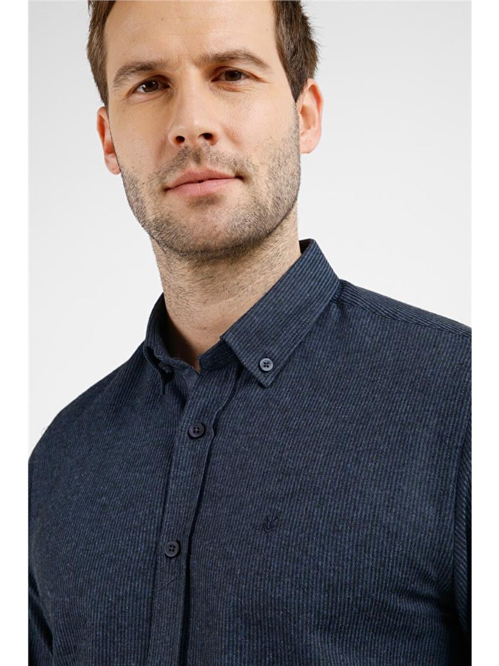 Lacivert - Mavi Düğmeli Yaka Uzun Kol Cepsiz Slim Fit Pamuklu Gömlek 1004255233-3