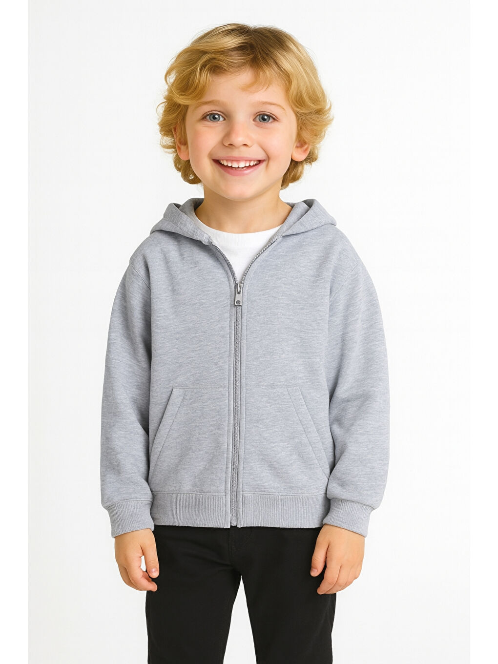 Gri Kız - Erkek Çocuk Basic Fermuarlı Kalın 3 İplik Kışlık Okul Sweat Ak1815