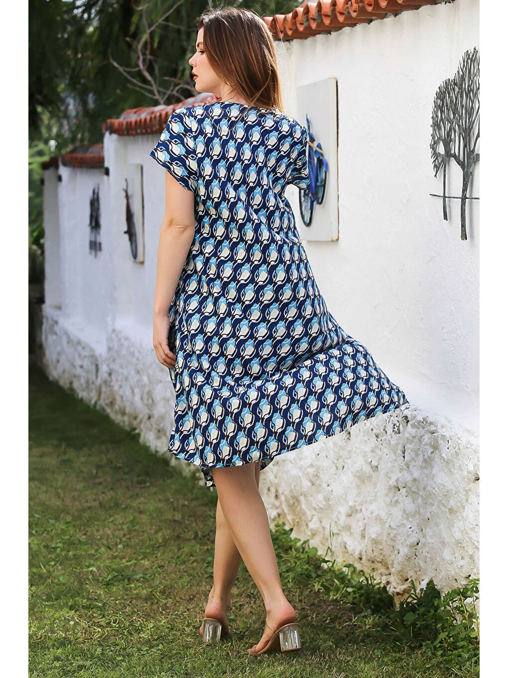 Mavi V Yaka Düşük Kol Allover Baskılı Casual Viskon Dokuma Elbise 115 66-6