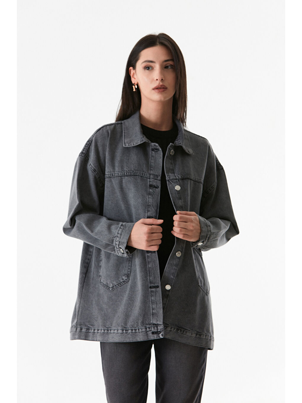 Fullamoda Antrasit Basic Düğmeli Çift Cepli Oversize Jean Ceket - 3