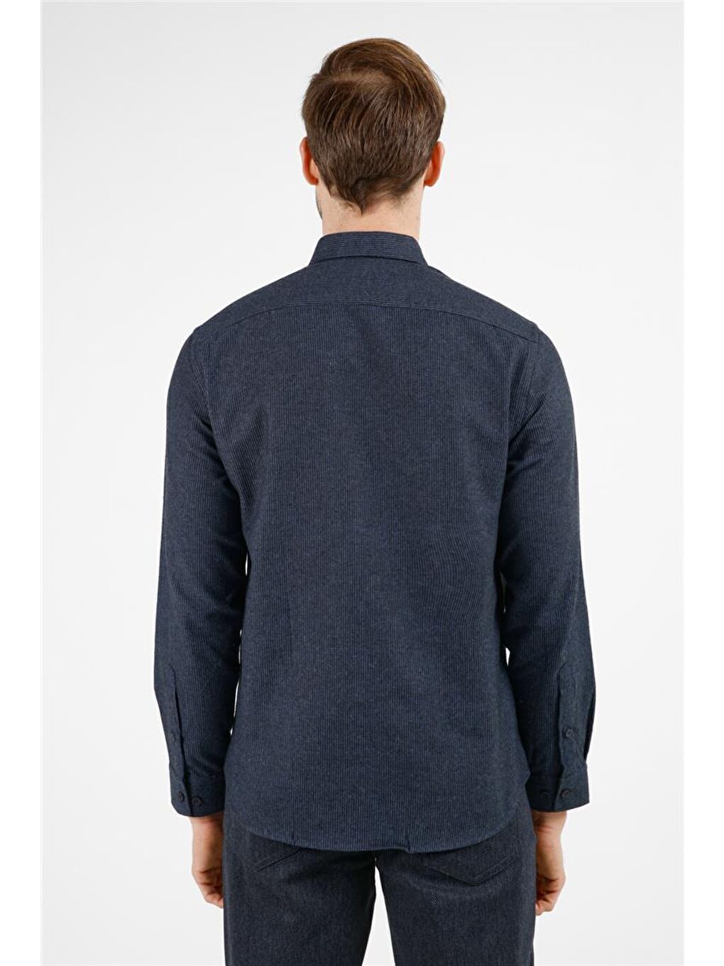 Lacivert - Mavi Düğmeli Yaka Uzun Kol Cepsiz Slim Fit Pamuklu Gömlek 1004255233-4