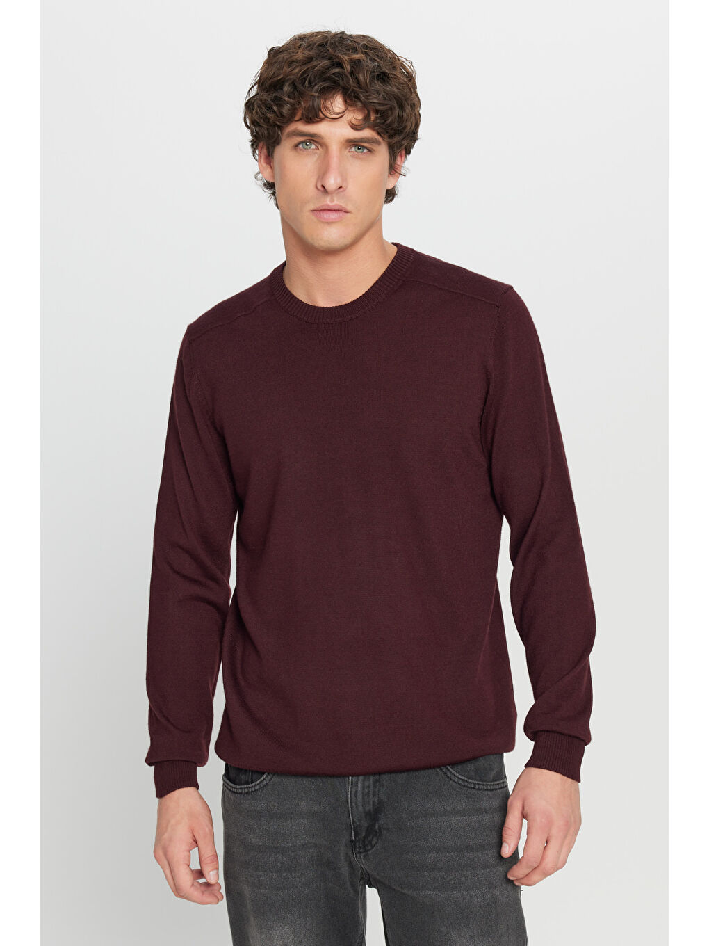 Erkek Bordo Yünlü Sıcak Tutan Normal Kesim Bisiklet Yaka Triko Kazak