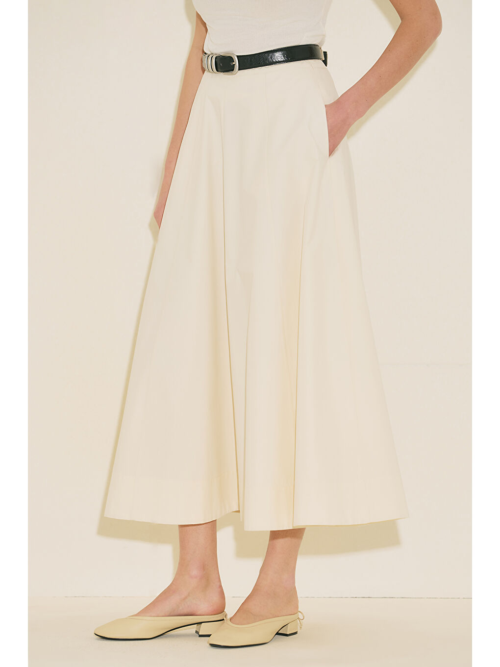 Bej Kup Detaylı Kloş Etek Vanilya-4