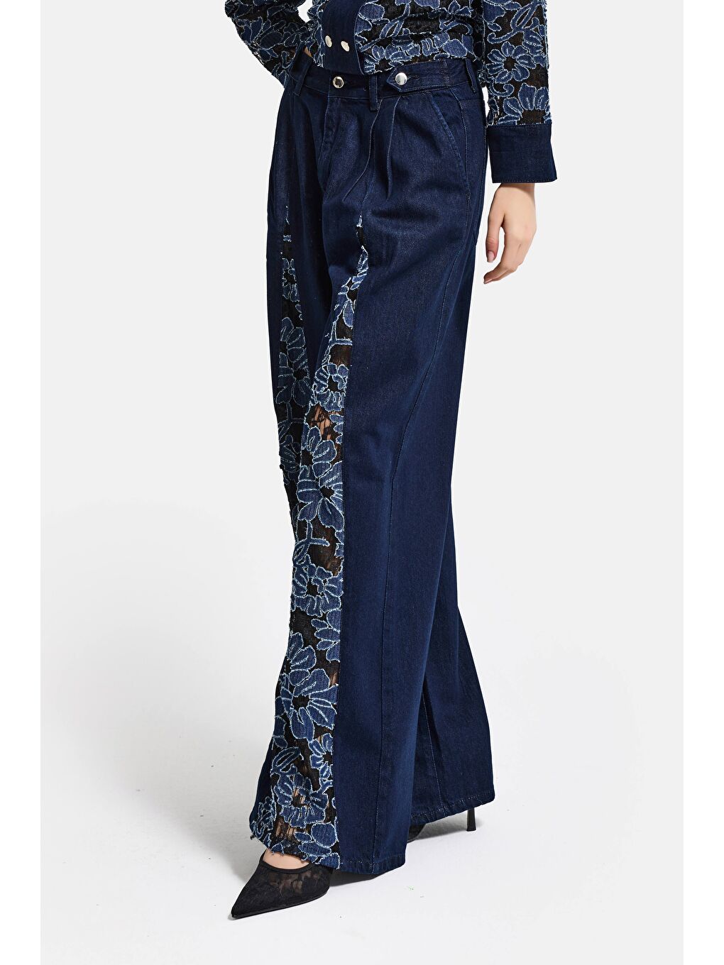 Kadın İndigo Selvedge 7s6-50 Wide Leg Dantel Nakış Detaylı Özel Tasarım Denim Jean-2