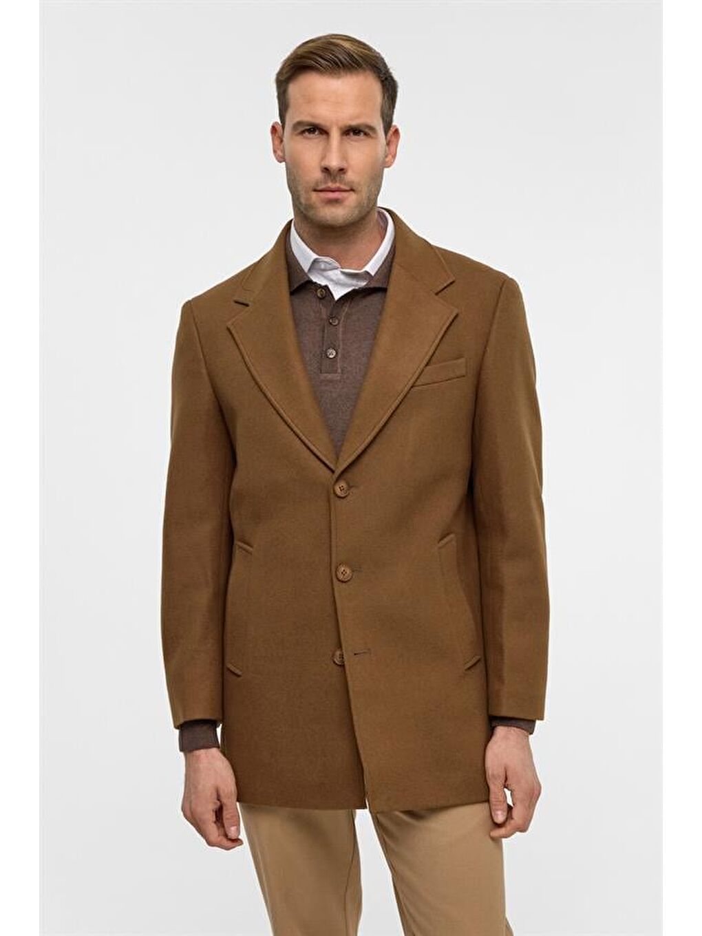 Kahverengi Koyu Kahve Slim Düz Mono Yaka Kaban