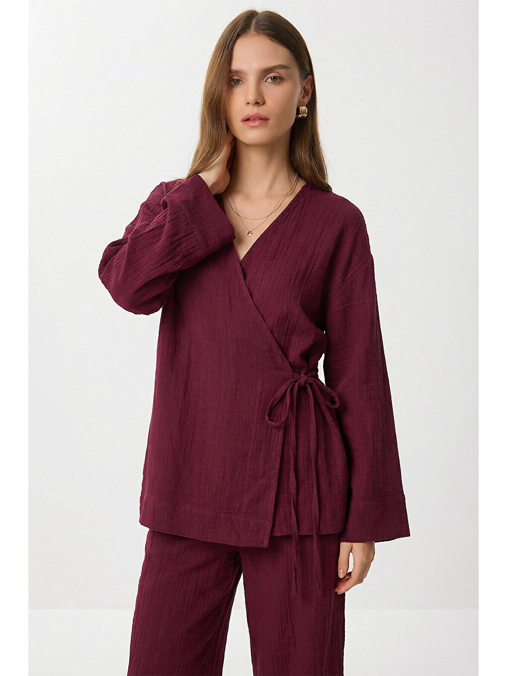 Bordo Bağlama Detaylı Müslin Kimono Takım BORDO LZH0020-1