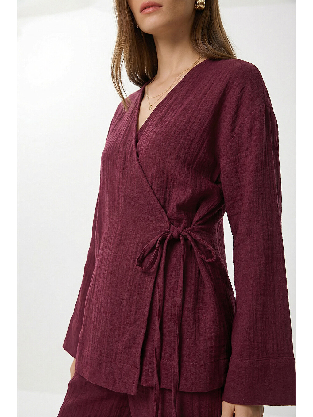 Bordo Bağlama Detaylı Müslin Kimono Takım BORDO LZH0020-2