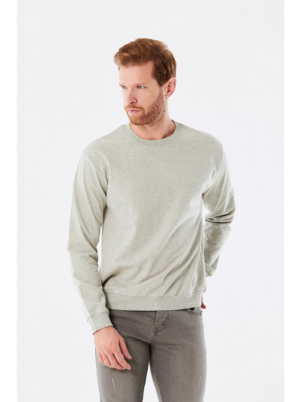 Gri Basic Bisiklet Yaka Sweatshirt-1