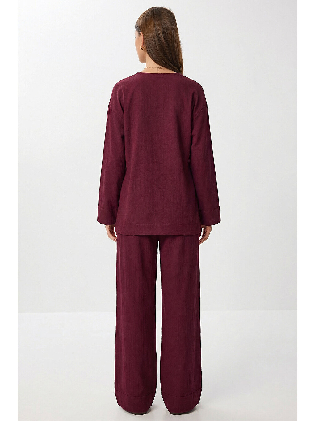 Bordo Bağlama Detaylı Müslin Kimono Takım BORDO LZH0020-3