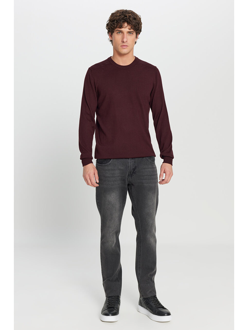 Erkek Bordo Yünlü Sıcak Tutan Normal Kesim Bisiklet Yaka Triko Kazak-1