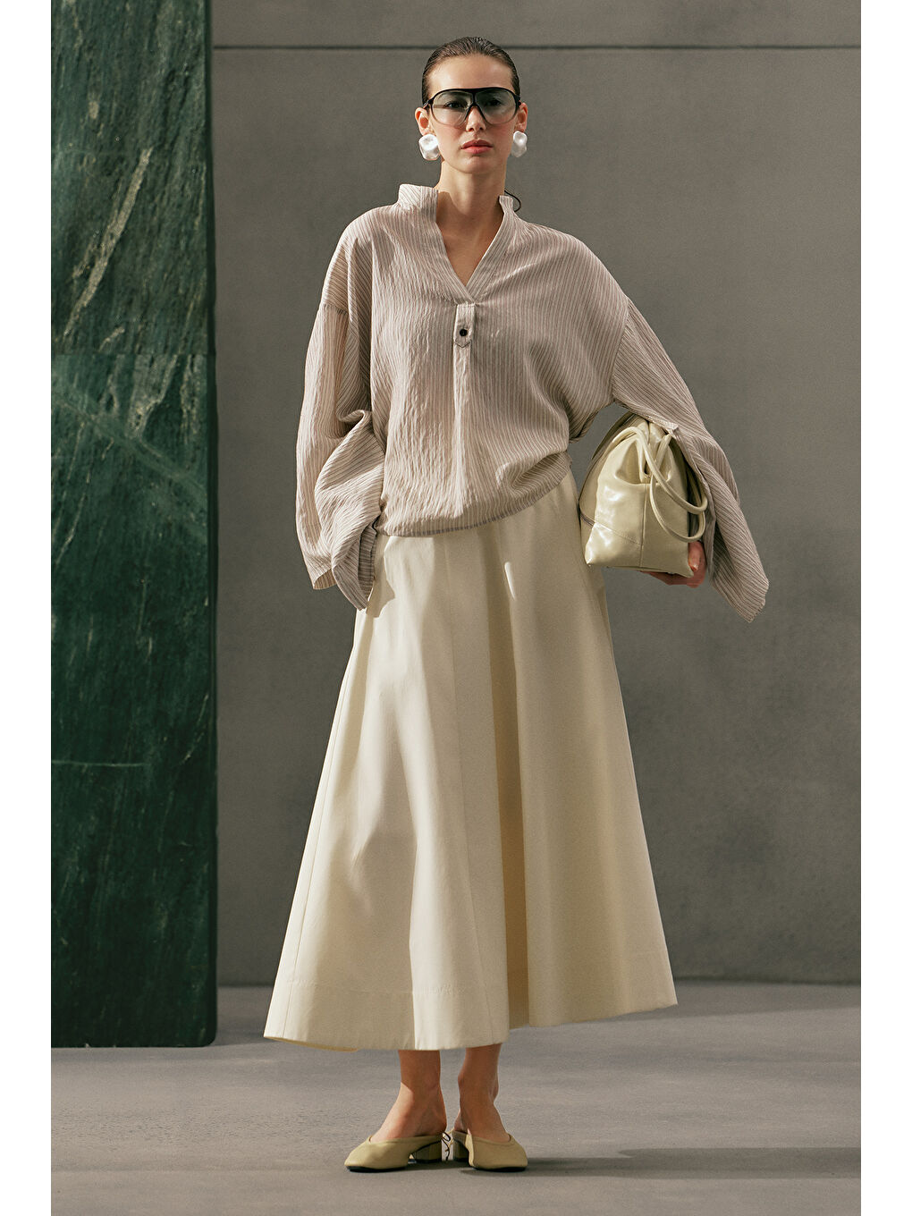 Bej Kup Detaylı Kloş Etek Vanilya-7