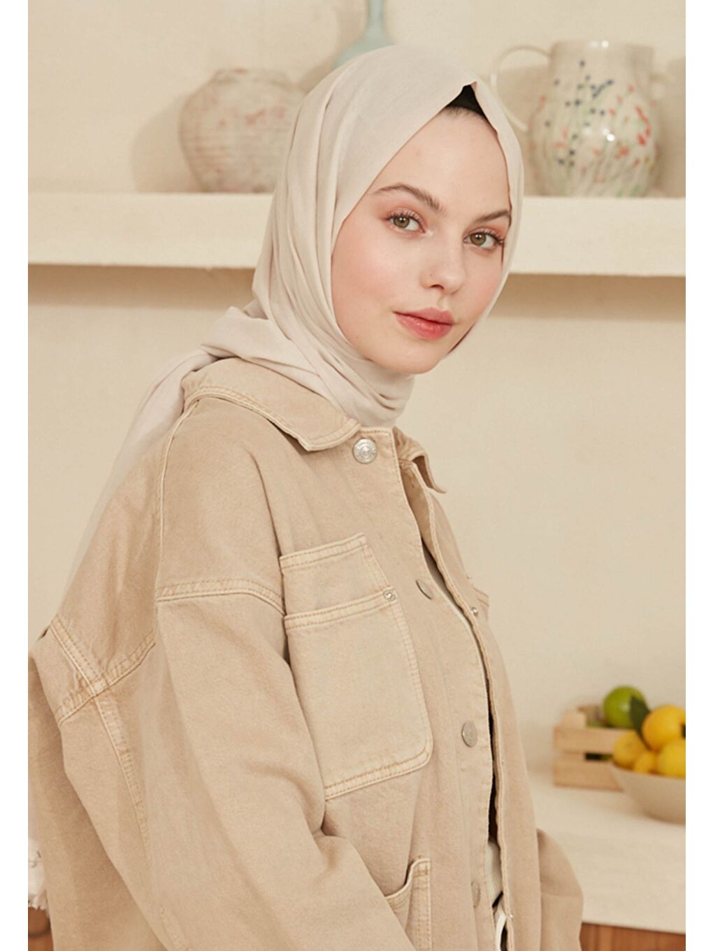 Bej İnce Pamuk Vual Şal Tas Rengı-3