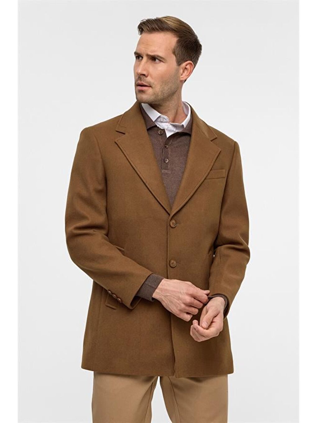 Kahverengi Koyu Kahve Slim Düz Mono Yaka Kaban-1