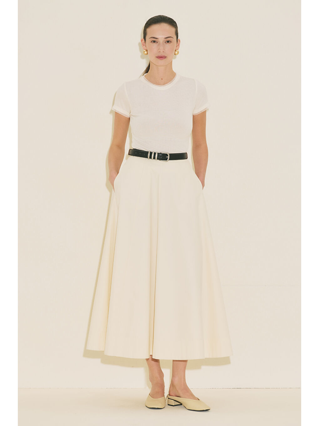 Bej Kup Detaylı Kloş Etek Vanilya-8