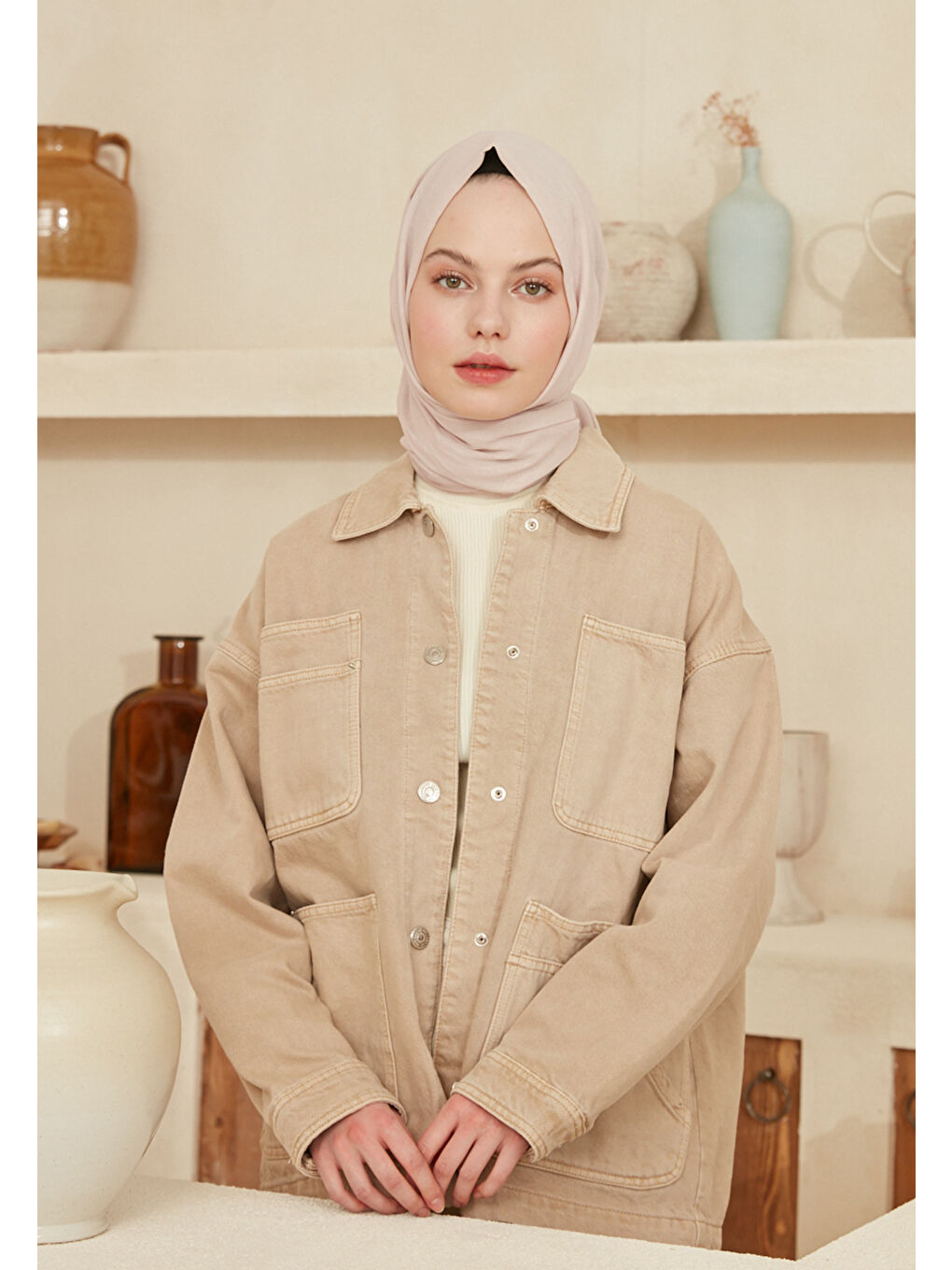 Bej İnce Pamuk Vual Şal Tas Rengı-4