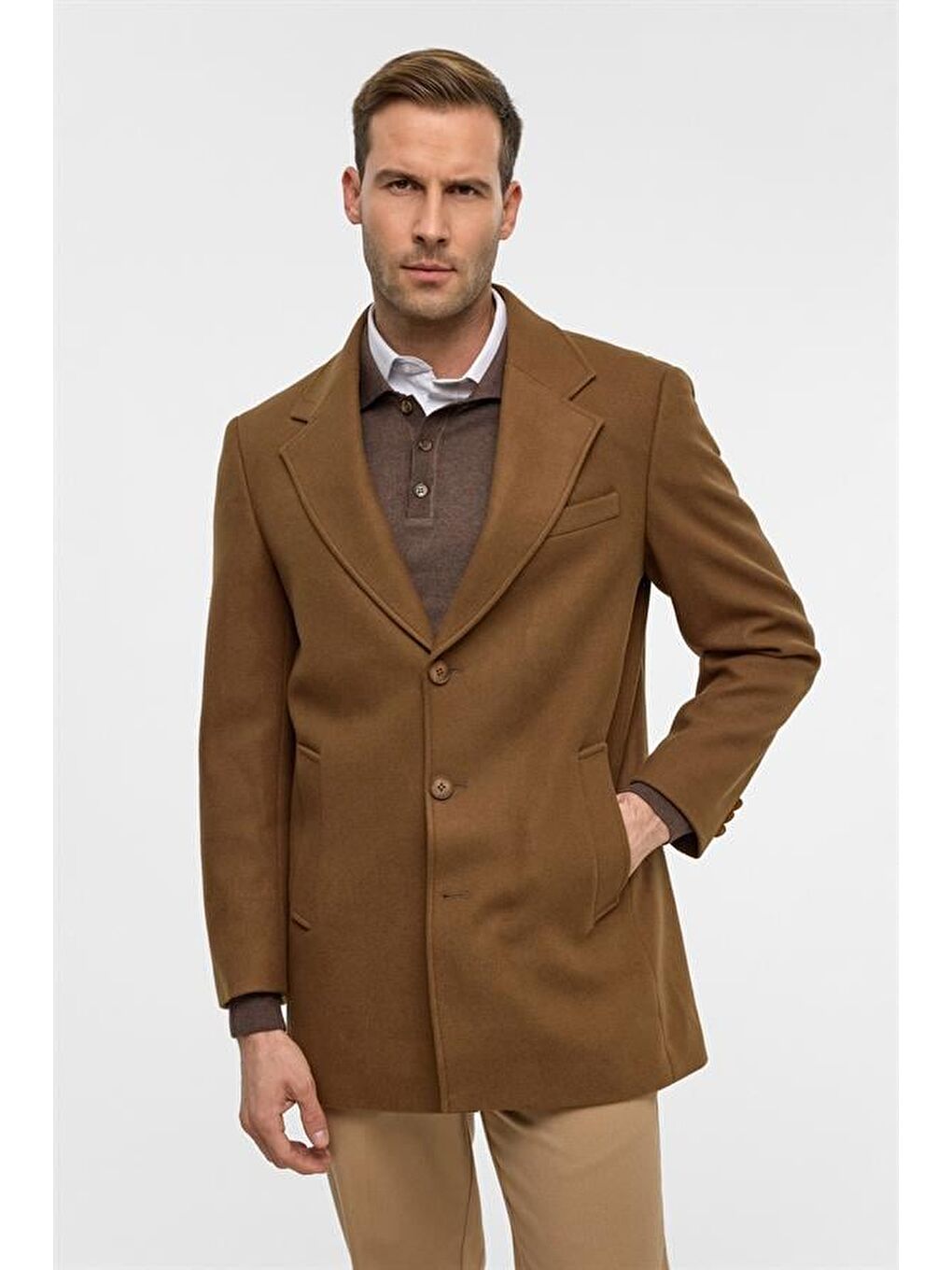 Kahverengi Koyu Kahve Slim Düz Mono Yaka Kaban-2