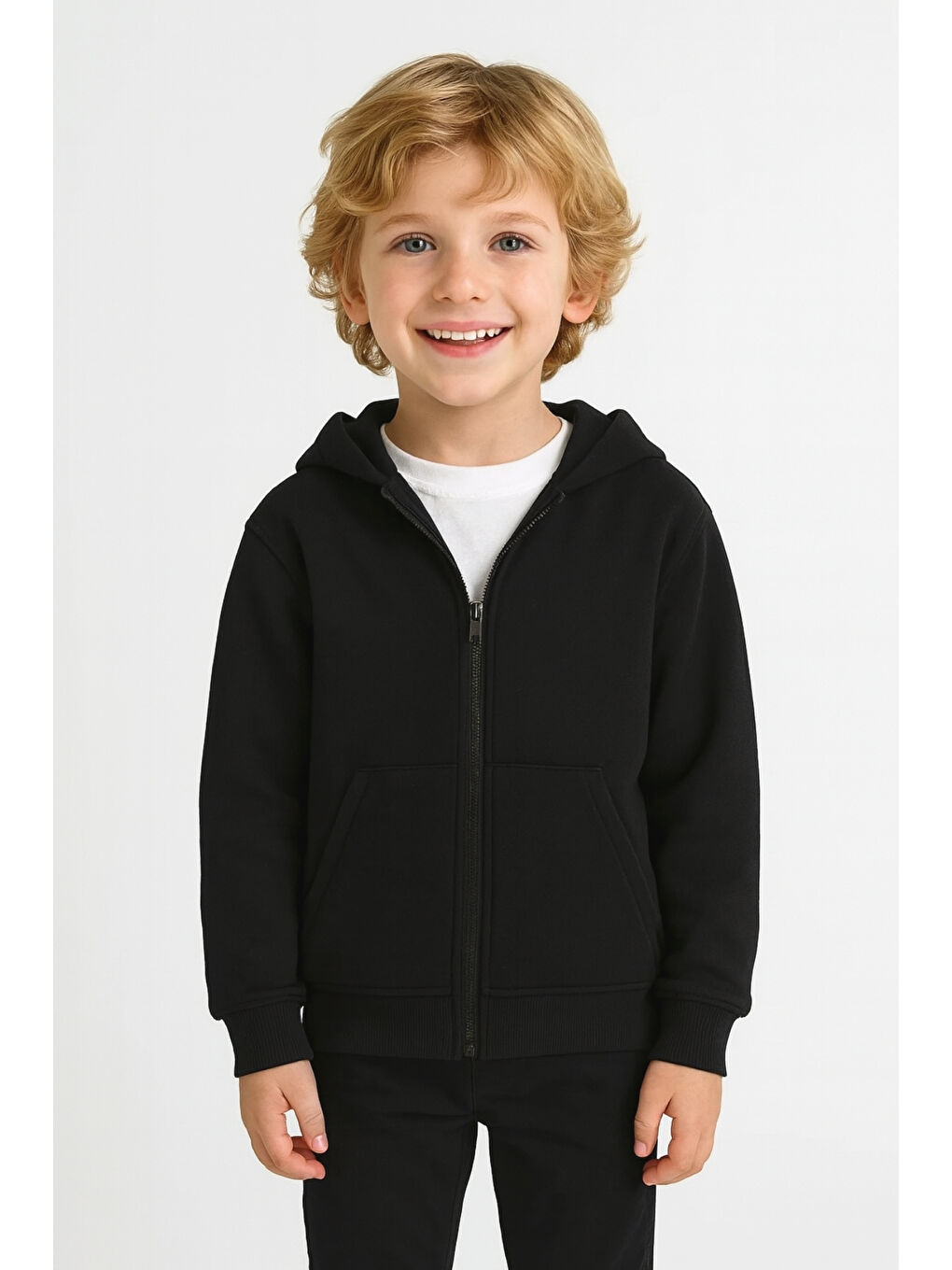 Siyah Kız - Erkek Çocuk Basic Fermuarlı Kalın 3 İplik Kışlık Okul Sweat Ak1815