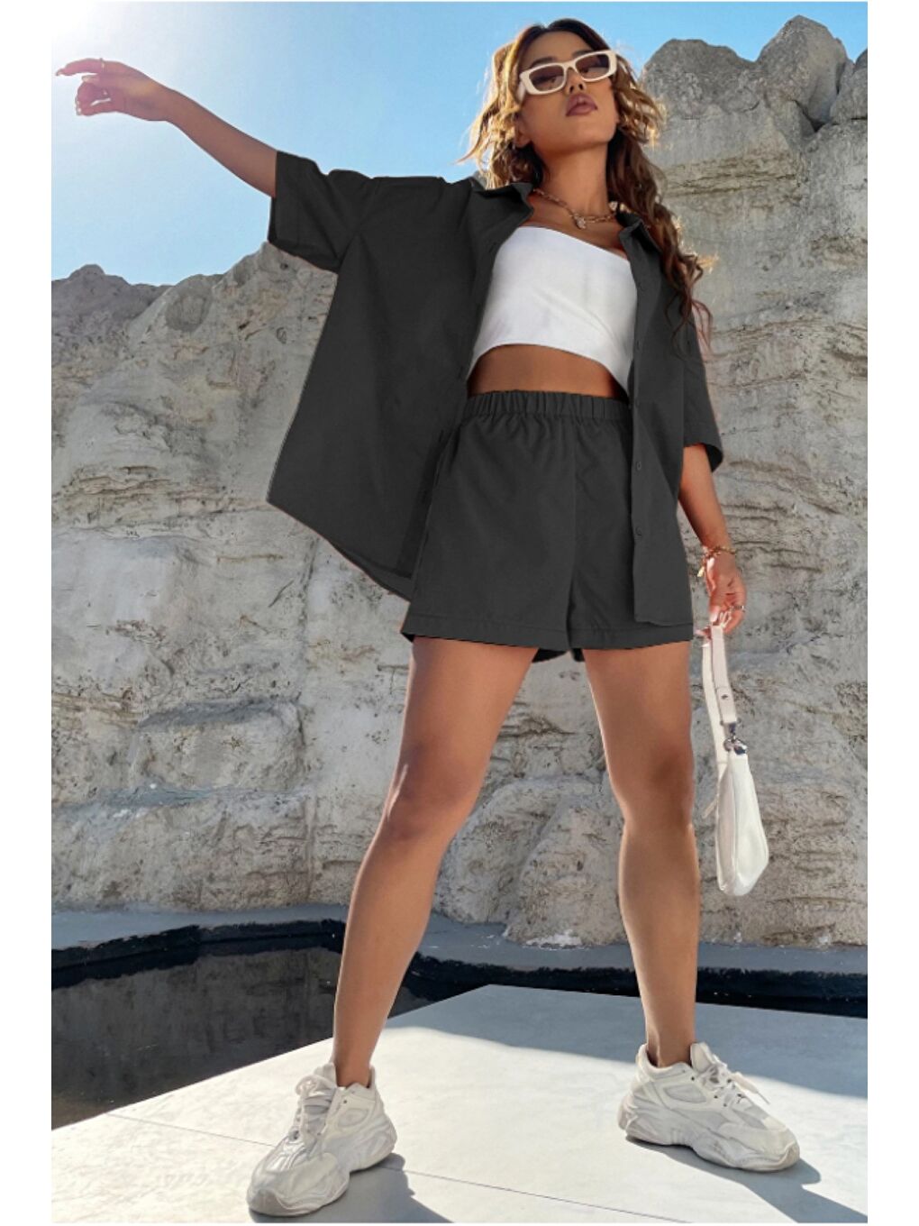 Siyah Kadın Oversize Gömlek Şort Takım Yazlık 2’li Kombin Rahat Kesim