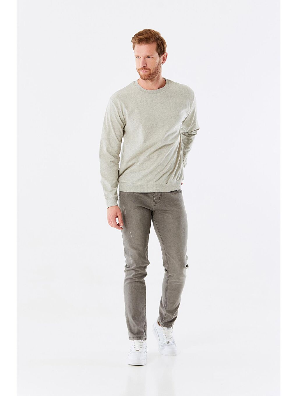 Gri Basic Bisiklet Yaka Sweatshirt-2