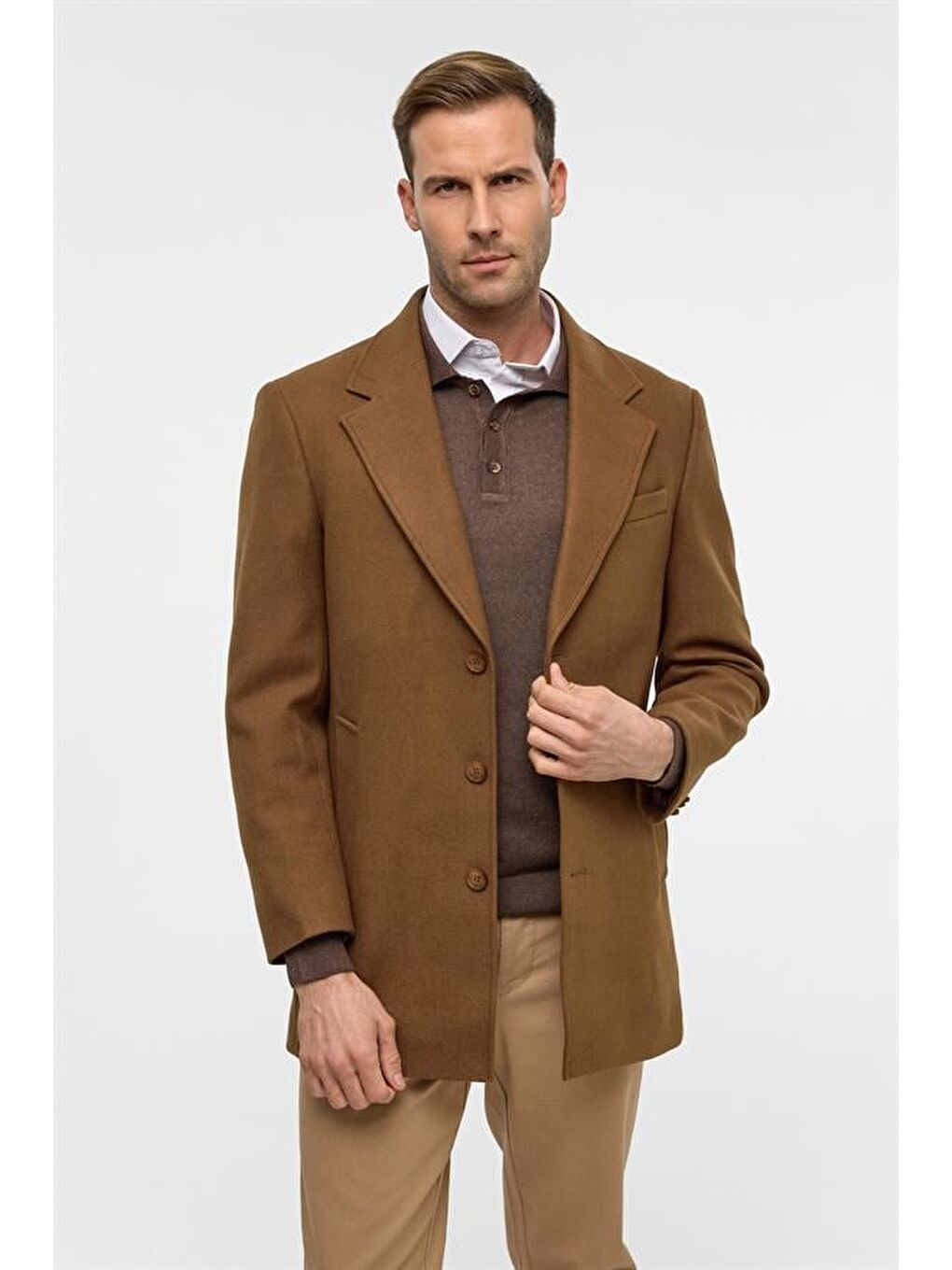 Kahverengi Koyu Kahve Slim Düz Mono Yaka Kaban-3