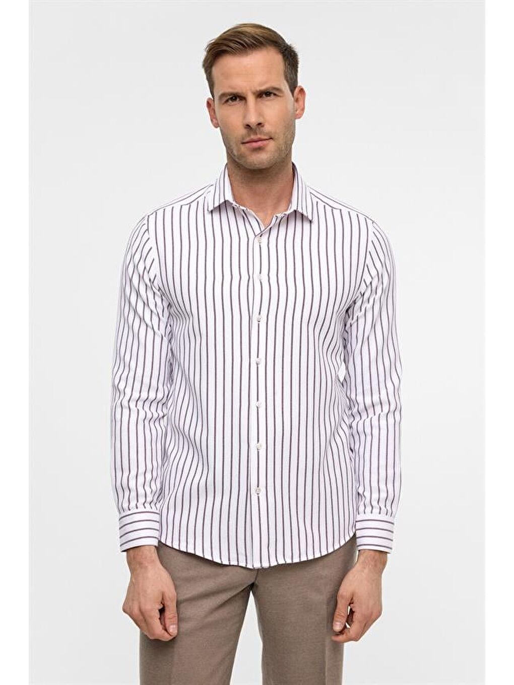 Koyu Bordo Slim Çizgili Klasik Yaka Gömlek