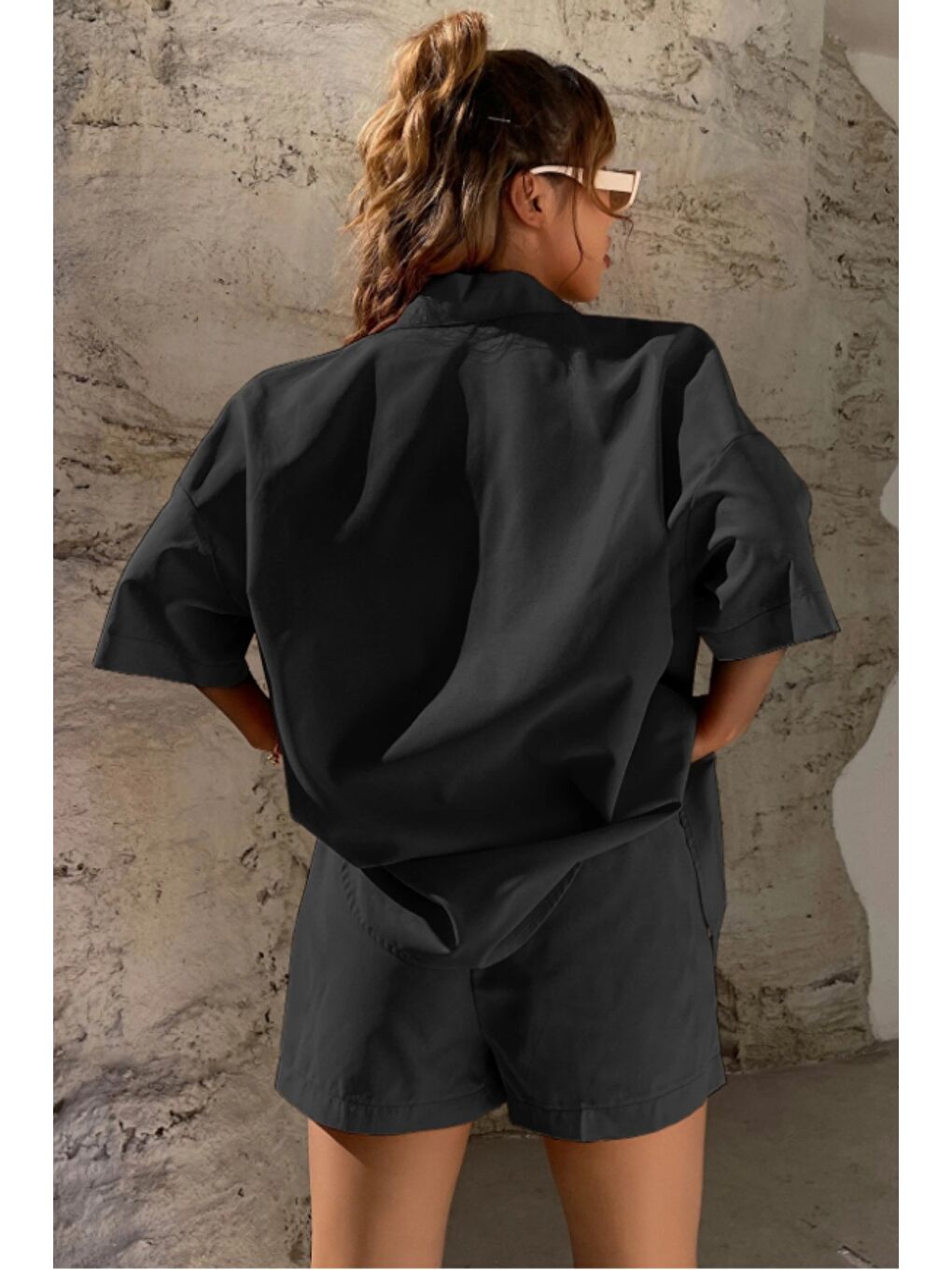 Siyah Kadın Oversize Gömlek Şort Takım Yazlık 2’li Kombin Rahat Kesim-1