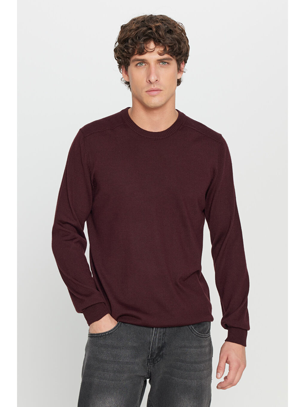 Erkek Bordo Yünlü Sıcak Tutan Normal Kesim Bisiklet Yaka Triko Kazak-2