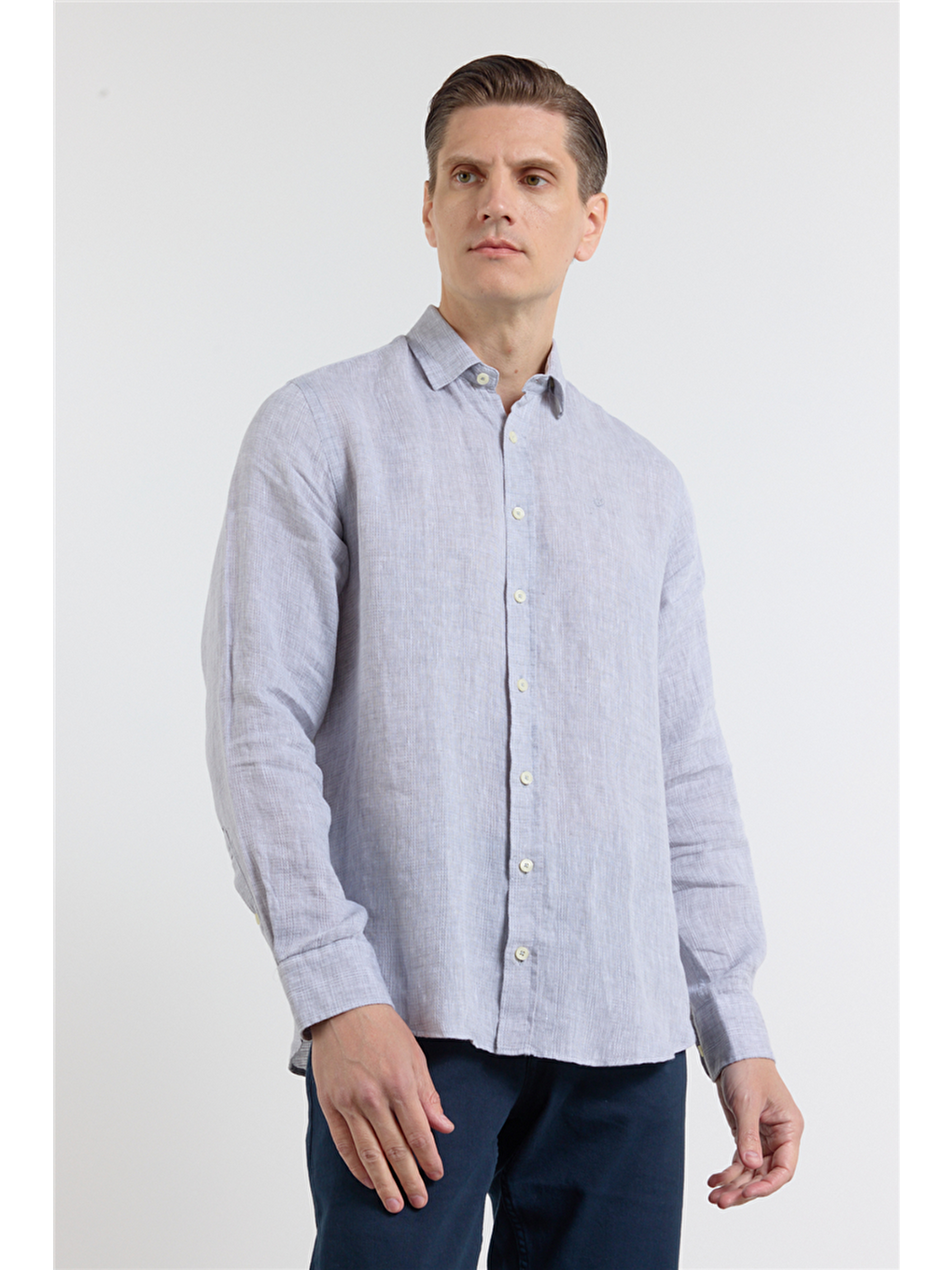 Gri Uzun Kol Cepsiz Slim Fit %100 Pamuk Gömlek 1004260163-2