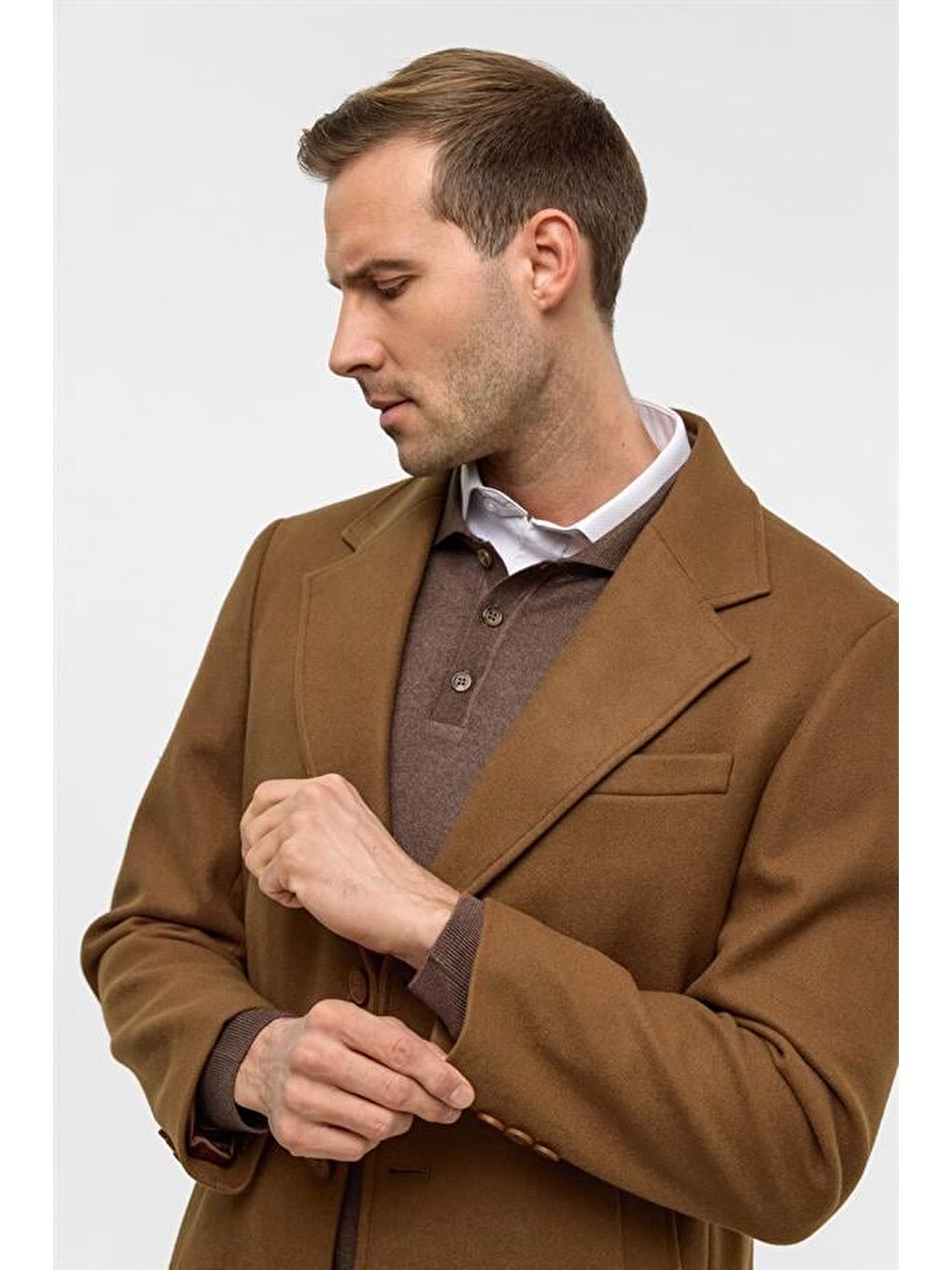 Kahverengi Koyu Kahve Slim Düz Mono Yaka Kaban-4