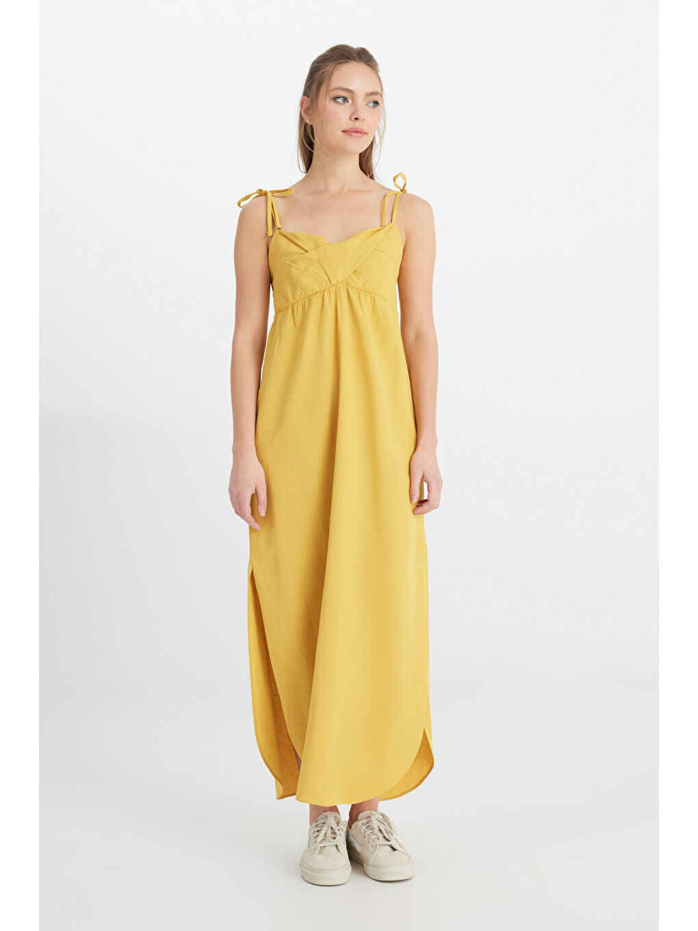 Gri Regular Fit Normal Kesim Kare Yaka Hardal Rengi Elbise-3