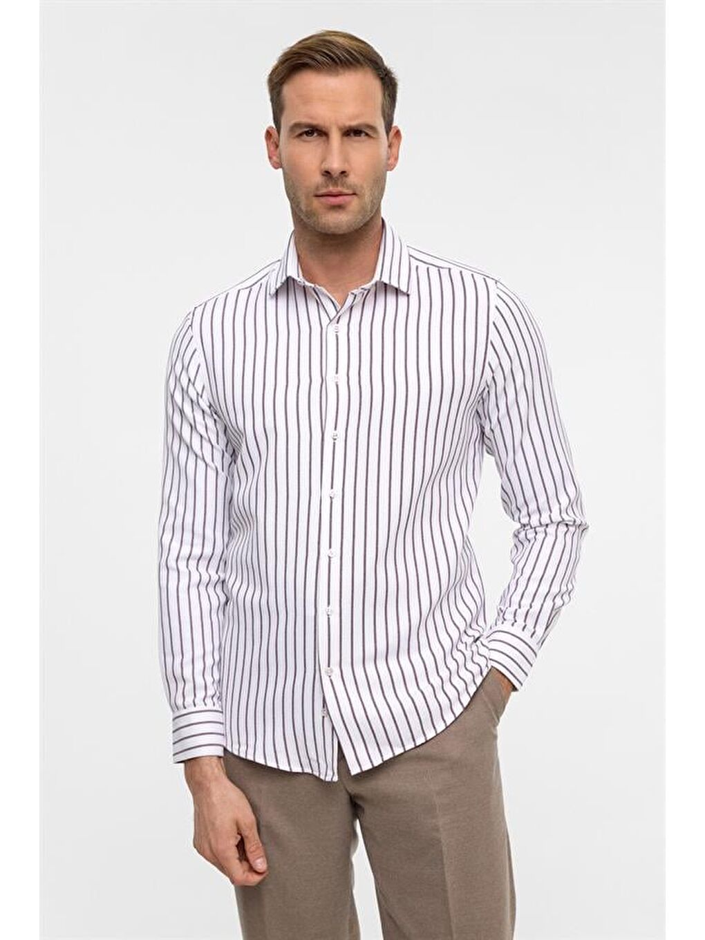 Koyu Bordo Slim Çizgili Klasik Yaka Gömlek-1