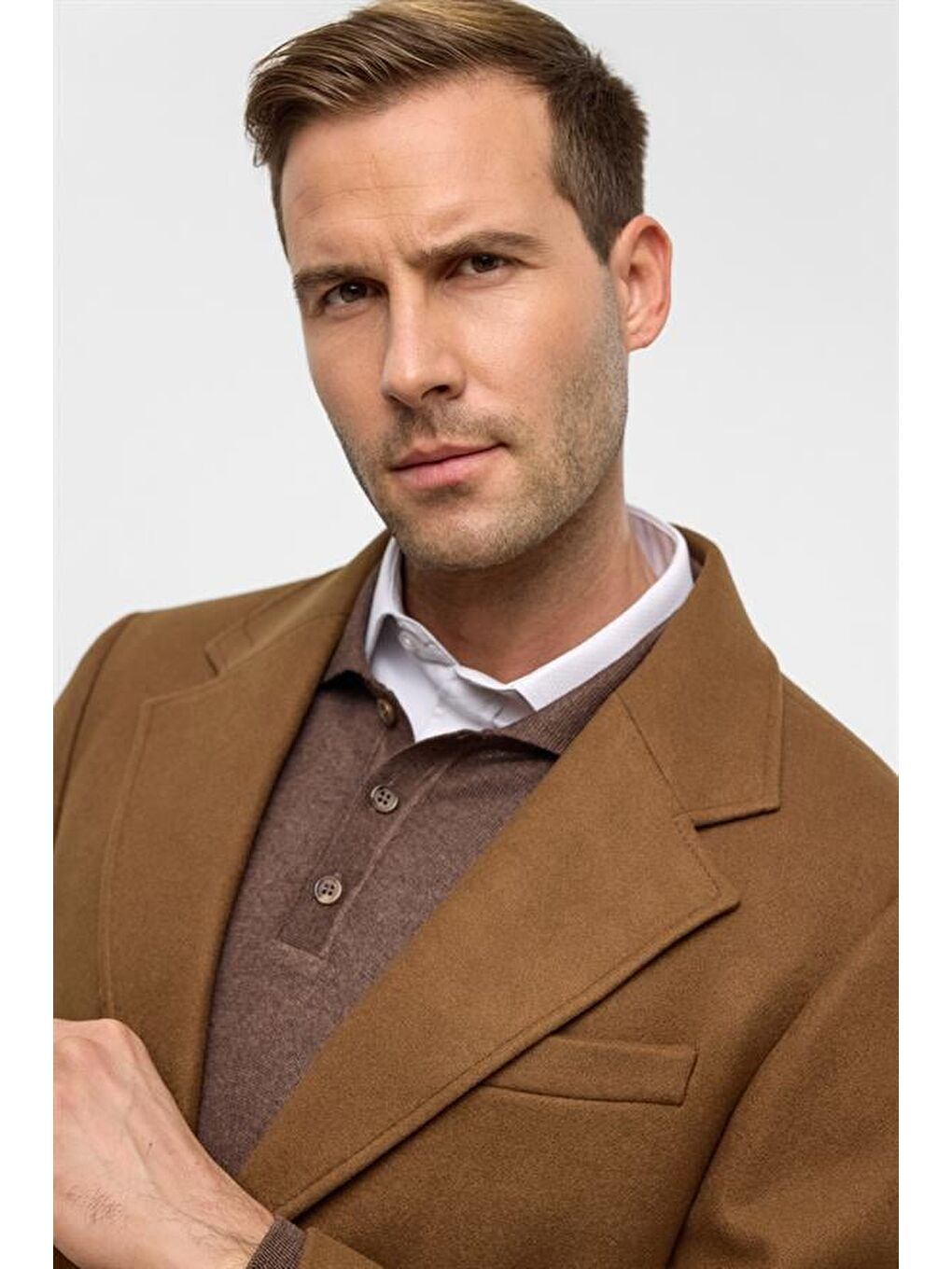 Kahverengi Koyu Kahve Slim Düz Mono Yaka Kaban-5