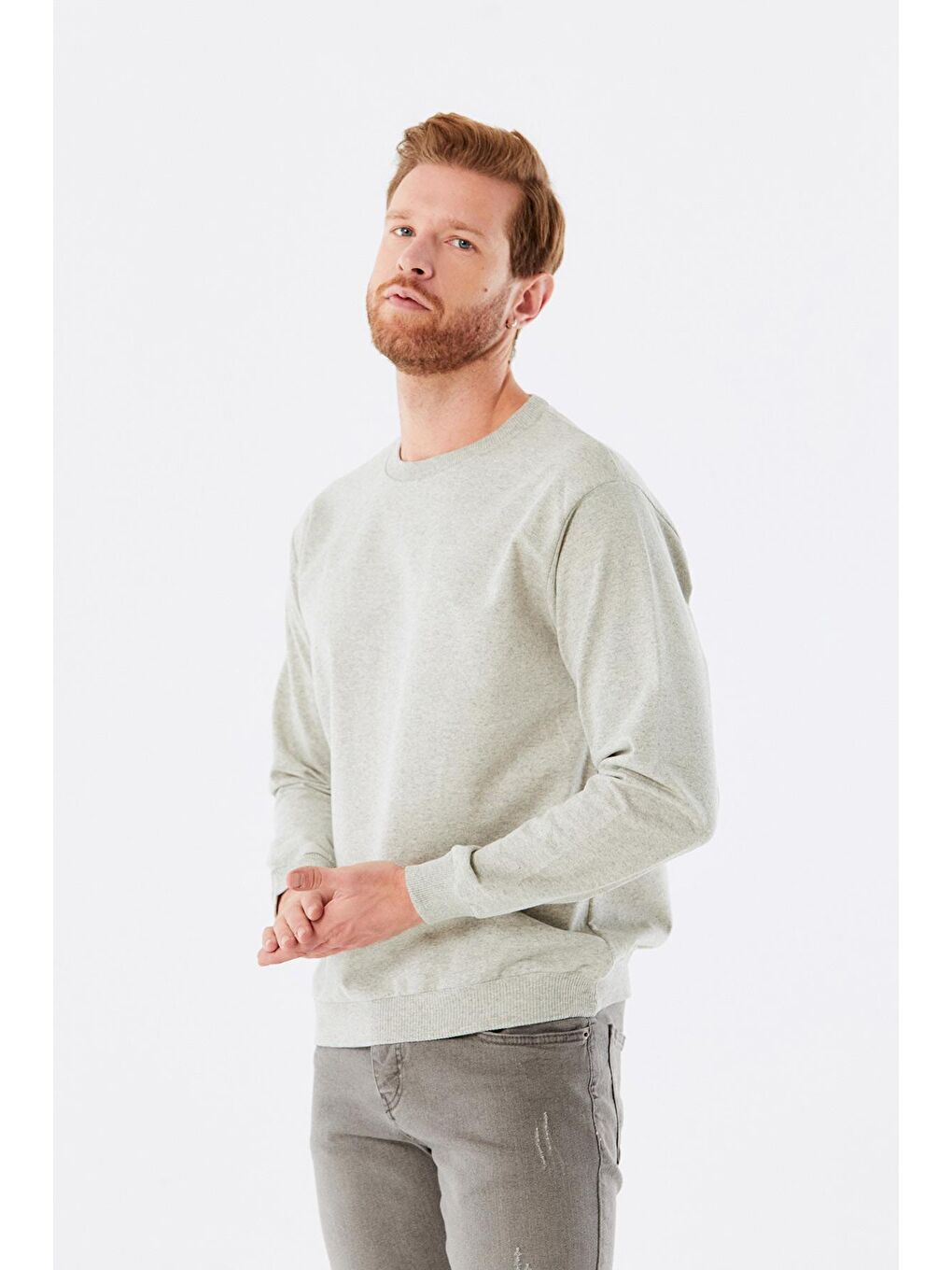 Gri Basic Bisiklet Yaka Sweatshirt-3